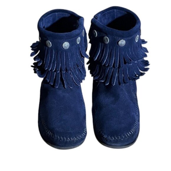 Minnetonka Navy Blue Suede Leather Fringe Ankle Boots Moccasins Size 8.5 - Picture 5 of 10